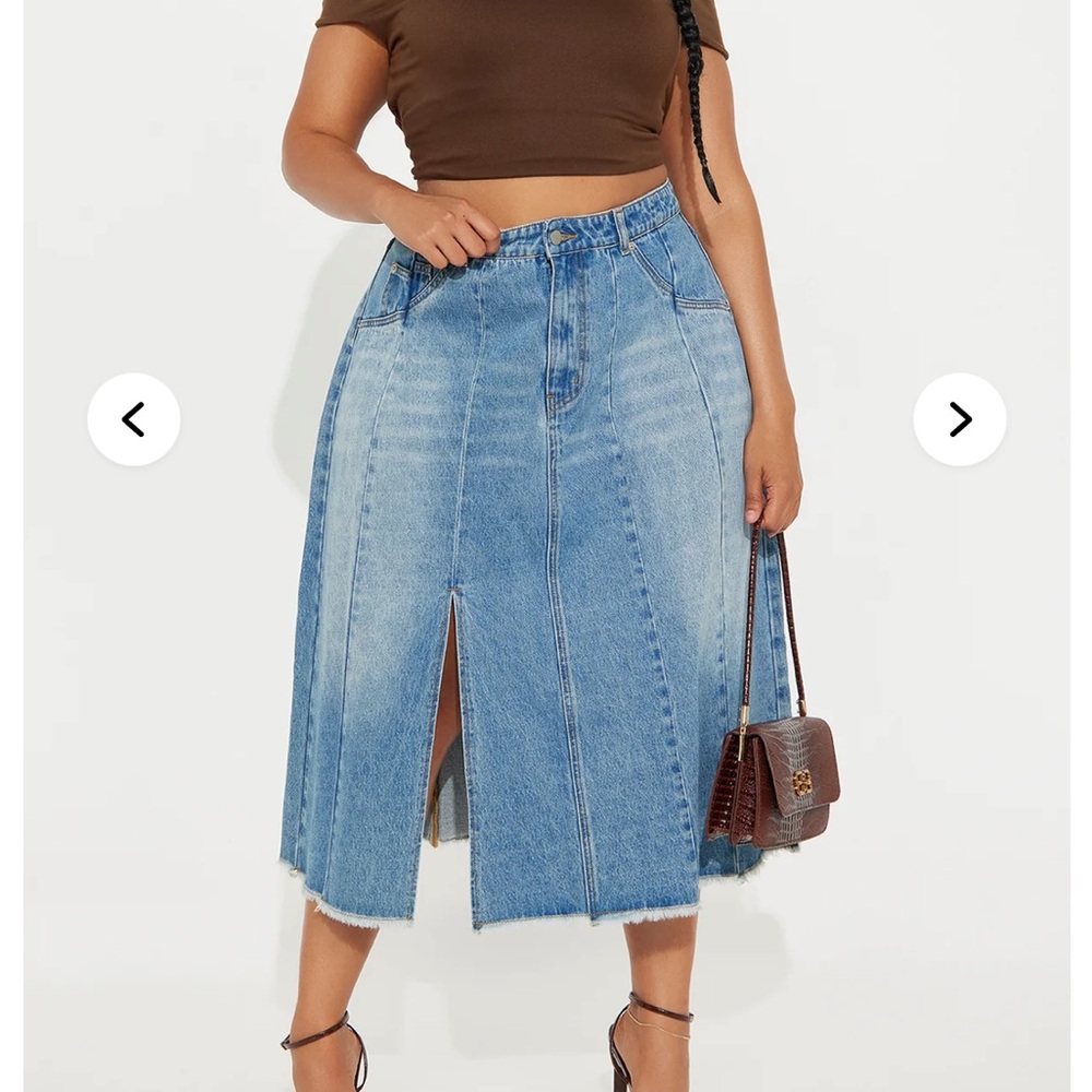 Denim Midi Skirt with Front Slits - Blue